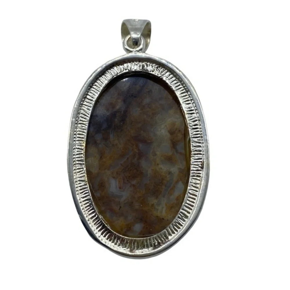 Mexican Agate Gemstone Sterling Silver 925 Pendant 2in